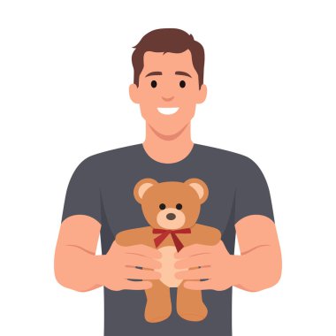 Genç adam oyuncak ayıyı sevdiği kişiye verir. Düz vektör çizimi beyaz arkaplanda izole edildi