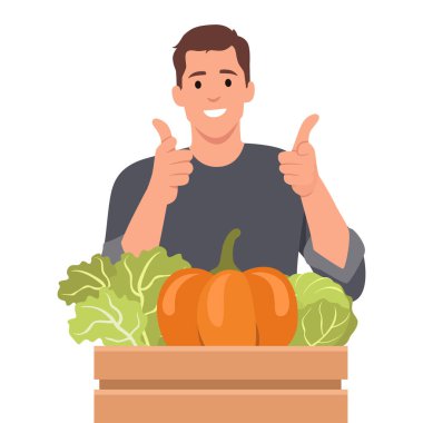 Çiftçilik ve tarım kavramı. Üniformalı gülen erkek çiftçi ya da bahçıvan olgun sebze ve meyve sepeti tutuyor. Düz vektör çizimi beyaz arkaplanda izole edildi