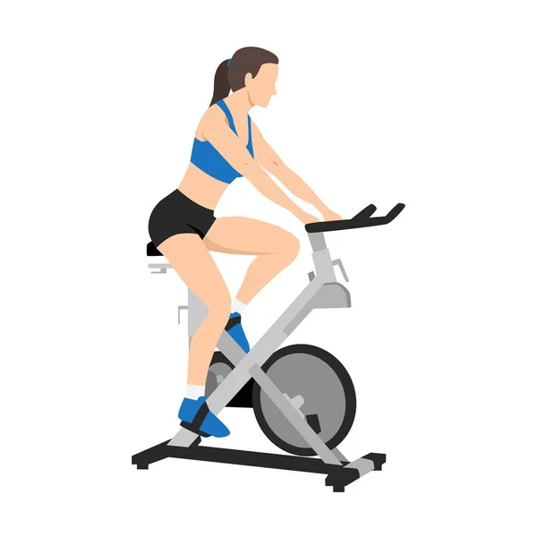 Женщина Стационарном Велосипеде Вращающиеся Упражнения Плоская Векторная Иллюстрация Белом Фоне — стоковый вектор