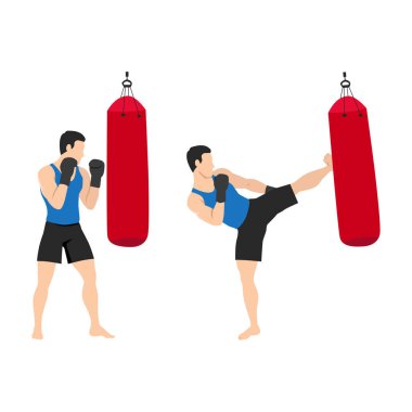 Kum torbası üzerinde kanca tekmesi egzersizi yapan adam. Kickboks dövüş sanatı egzersizi. Düz vektör çizimi beyaz arkaplanda izole edildi