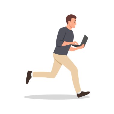 Stresli çalışanlar aceleci, işe geç kalma konusunda telaşlı, zaman kısıtlı. Geç saate kadar ofis çalışanı, dizüstü bilgisayarla koşturuyor. Düz vektör çizimi beyaz arkaplanda izole edildi