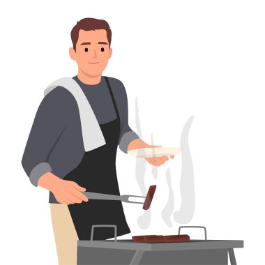 Genç adam barbekü için bir parça et ve aksesuar tutuyor. Düz vektör çizimi beyaz arkaplanda izole edildi