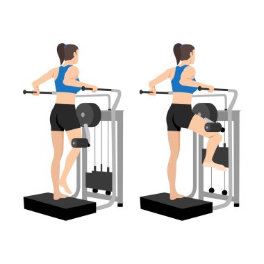 Man doing lever side hip abduction with machine exercise. Flat vector illustration isolated on white background clipart