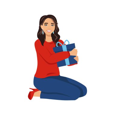 Kırmızı kazak giyen gülümseyen bir kadın olumlu duygular besliyor. Düz vektör çizimi beyaz arkaplanda izole edildi