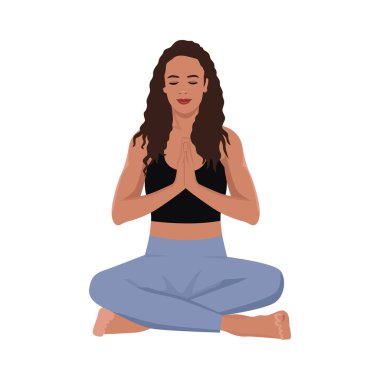 Siyahi kadın meditasyon yapıyor. Sağlıklı yaşam tarzı, yoga, meditasyon, rahatlama, dinlenme. Düz vektör çizimi beyaz arkaplanda izole edildi