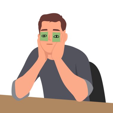 Genç işadamı, gözlerini kapatan notlarla geç saatlere kadar bir ofiste çalışıyor. Düz vektör çizimi beyaz arkaplanda izole edildi