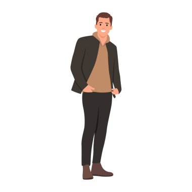 Yakışıklı genç adam manken için poz veriyor. Düz vektör çizimi beyaz arkaplanda izole edildi