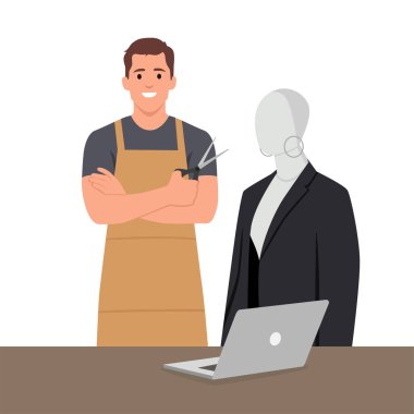 Moda tasarımcısı veya terzisi fikri veya online siparişleri aramak için dizüstü bilgisayar, takım elbiseli manken ve masa başında ekipmanla dolu terzilik araçları kullanır. Düz vektör çizimi beyaz arkaplanda izole edildi