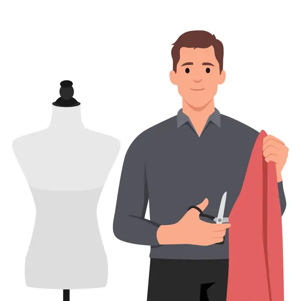 Young Man Dressmaker Designer Holding Scissors Cloth Looking Camera Flat — Stock Vector