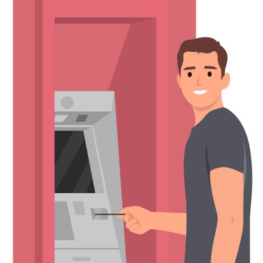 ATM konseptinden para çekmek. Genç adam ATM makinesine para almak için şifre girişi yapıyor. Düz vektör çizimi beyaz arkaplanda izole edildi