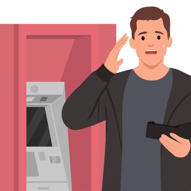 Boş cepleri ya da cüzdanı olan bir işadamı para makinesinin yanında duruyor. Düz vektör çizimi beyaz arkaplanda izole edildi
