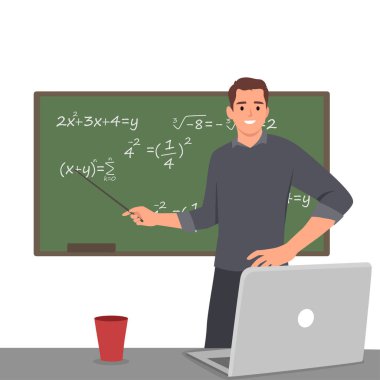 Genç lise erkek öğretmeni sınıfta dizüstü bilgisayarla matematik öğretiyor. Düz vektör çizimi beyaz arkaplanda izole edildi