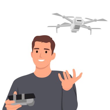 Drone Quadrocopter 'ı olan genç bir adam, uzaktan kumandalı kameralı bir hava aracı fotoğraf çeken ya da video kaydı yapan bir adam, izometrik iş adamı. Düz vektör çizimi beyaz arkaplanda izole edildi
