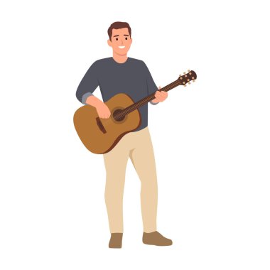 Ayakta duran adam akustik gitar çalıyor. Düz vektör çizimi beyaz arkaplanda izole edildi