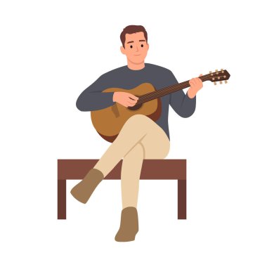 Genç Adam Yüksek Sandalyede Akustik Gitar Çalıyor. Düz vektör çizimi beyaz arkaplanda izole edildi