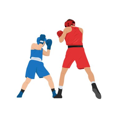 İki boksör kavga ediyor. Spor giyim sektöründe profesyonel sporcular arasında gerçekleşen savaş gösterisi. Düz vektör çizimi beyaz arkaplanda izole edildi