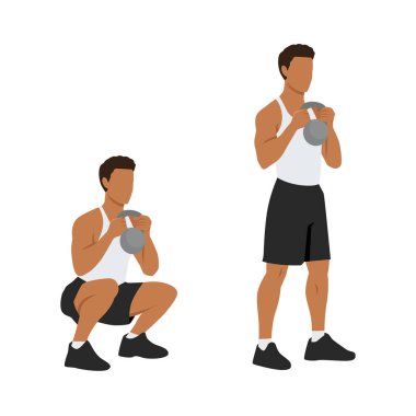 Smashbell antrenmanı yapan bir adam Kettlebell egzersiziyle bacak egzersizi yapıyor. Düz vektör çizimi beyaz arkaplanda izole edildi