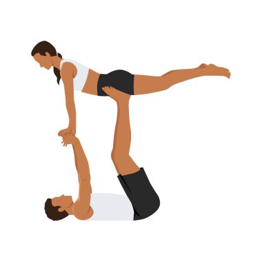 Genç çiftler yoga dersi alıyor. Yogi egzersizinde erkek ve kadın. Kol dengesi pozisyonu. Düz vektör çizimi beyaz arkaplanda izole edildi