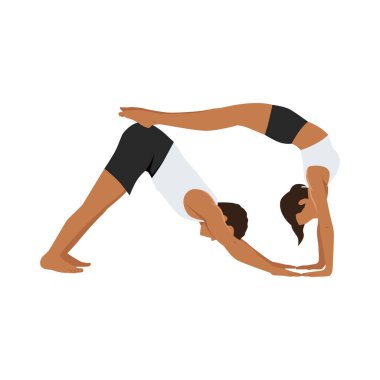 Genç çift akroyoga yapıyor, partneriyle yoga yapıyor, köpek yoga pozu veriyor, adho mukha svanasana. Düz vektör çizimi beyaz arkaplanda izole edildi