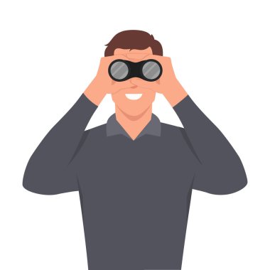 Genç iş adamı karakteri dürbünle yeni iş fikirleri arıyor. Düz vektör çizimi beyaz arkaplanda izole edildi