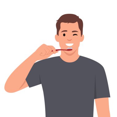 Sabah diş fırçasıyla dişlerini fırçalarken gülümseyen genç bir adam. Mutlu adam banyoda günlük oral bakım yapıyor. İyi alışkanlık. Düz vektör çizimi beyaz arkaplanda izole edildi