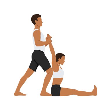 Genç bir adam, kıza yardım ediyor. Eğilip poz veriyor. Paschimottanasana. Düz vektör çizimi beyaz arkaplanda izole edildi