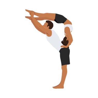 Genç çift akro yoga egzersizi yapıyor. Düz vektör çizimi beyaz arkaplanda izole edildi