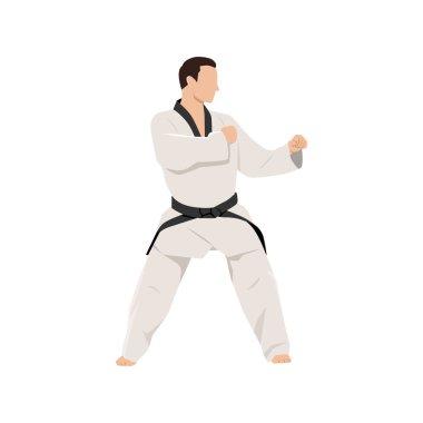Karate duruşu karakteri çizimi. Asya dövüş sanatı. Düz vektör çizimi beyaz arkaplanda izole edildi