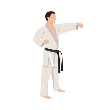Karate duruşu karakteri çizimi. Asya dövüş sanatı. Düz vektör çizimi beyaz arkaplanda izole edildi