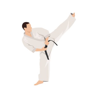 Karate tekmesi. Dövüş sanatları. İllüstrasyon üzerindeki yazıt karate hiyeroglifleridir. Düz vektör çizimi beyaz arkaplanda izole edildi