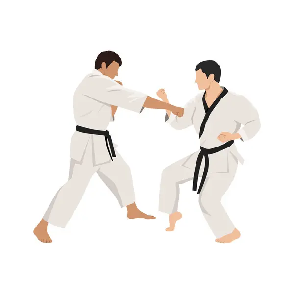 Fighting of two fighters in karate martial arts. Flat vector illustration isolated on white background