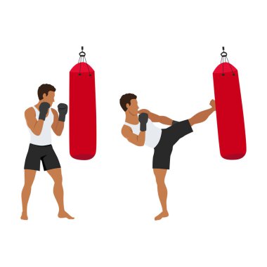 Kum torbası üzerinde kanca tekmesi egzersizi yapan adam. Kickboks dövüş sanatı egzersizi. Düz vektör çizimi beyaz arkaplanda izole edildi