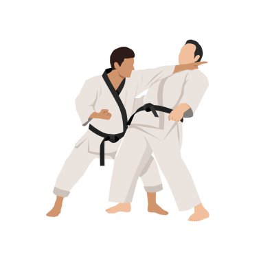 Karate 'de dövüş eğitimi. Karate, Japonya kökenli bir dövüş sanatıdır. Düz vektör çizimi beyaz arkaplanda izole edildi