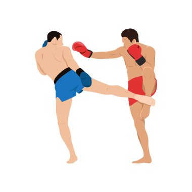 Kickboks dövüşü, dövüş sanatı. Boks dövüşçüleri. Dövüş sporları maçı. Boksörler güreş turnuvası. Dövüş müsabakasında erkek sporcular. Düz vektör çizimi beyaz arkaplanda izole edildi