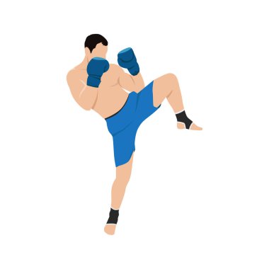 Genç erkek tekme boksörü. Spor giyim ve boks eldivenli kaslı adam. Düz vektör çizimi beyaz arkaplanda izole edildi