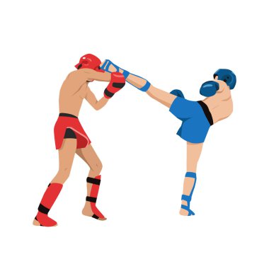 Kickboks dövüşü, dövüş sanatı. Boks dövüşçüleri. Dövüş sporları maçı. Boksörler güreş turnuvası. Savaş müsabakasında erkek sporcular.