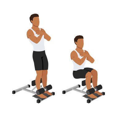 Makine egzersizinde hanım evladı gibi davranan bir adam. Düz vektör çizimi beyaz arkaplanda izole edildi