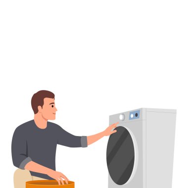 Çamaşırları Çamaşır Makinesiyle Yıka Adam. Düz vektör çizimi beyaz arkaplanda izole edildi
