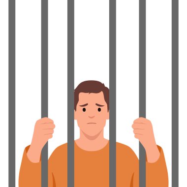 Hapishane hücresinde turuncu elbiseli bir mahkum. Düz vektör çizimi beyaz arkaplanda izole edildi