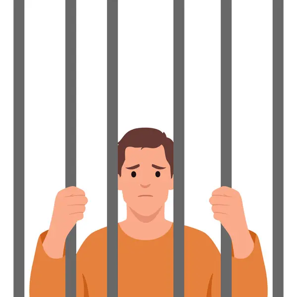 Prigioniero Tuta Arancione Dietro Sbarre Una Cella Illustrazione Vettoriale Piatta — Vettoriale Stock