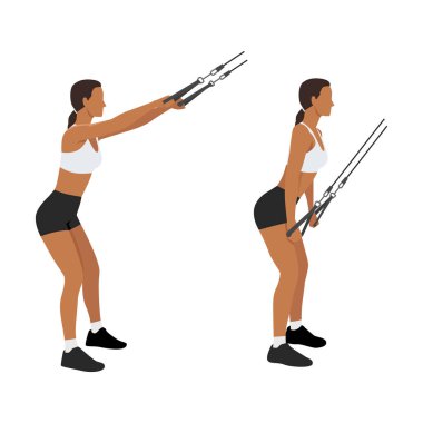 Woman doing straight arm Rope lat pulldown exercise. Flat vector illustration isolated on white background clipart