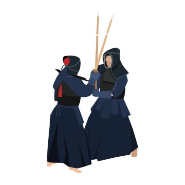 Japon Kendo savaşçıları savaşıyor. Japon zırhlı adamları rakipleri bambu kılıçlarla, shinai ile yarışıyor. Modern Asya dövüş sanatı. Düz vektör çizimi beyaz arkaplanda izole edildi