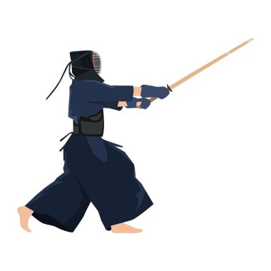 Koruyucu giysileri ve maskesi olan Kendo savaşçısı. Kendo spor disiplin eğitimi. Japonya 'dan geleneksel dövüş yeteneği. Japon kültürü. Düz vektör çizimi beyaz arkaplanda izole edildi