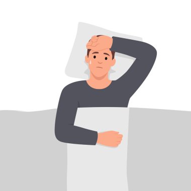 Grip belirtileriyle yatakta yatan bir adam. Uyurken terlemek. Gece terlemesinin semptomlarının göstergesi. Soğuk belirtileri. Düz vektör çizimi beyaz arkaplanda izole edildi
