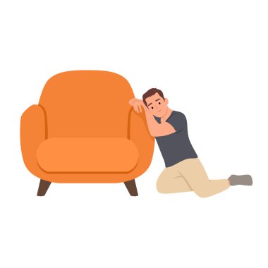 İş kıyafetleri içindeki genç adam yorgun, işsiz, endişeli, ekonomik sorunları var. Düz vektör çizimi beyaz arkaplanda izole edildi