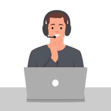 Çağrı merkezinin gülümseyen operatörü internetteki kulaklık danışmanı müşteriler. Yardım hattında çalışan bir ajan. Düz vektör çizimi beyaz arkaplanda izole edildi