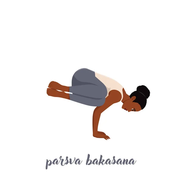 Woman doing side crane pose in white background. Parsva Bakasana exercise. balance and recreation. Flat vector illustration isolated on white background