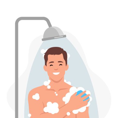 Genç adam banyoda duş alıyor. Saç, saç ve vücudu şampuan ve sabunla yıkıyor. Düz vektör çizimi beyaz arkaplanda izole edildi