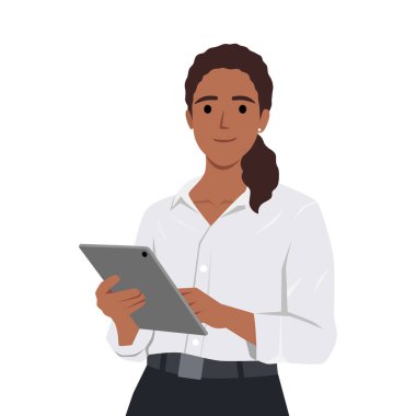 Mutlu, genç bir kadın elini uzattı ve onu gösterdi. Gülen sekreter ya da iş kadını açıklama ve sunum yapıyor. Düz vektör çizimi beyaz arkaplanda izole edildi