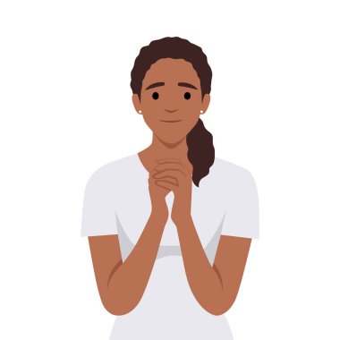 Dua eden genç bir kadın, ya af dile ya da yalvar. Mutlu kız umutlu ve neşeli dua ediyor. İnanç ve inanç. Düz vektör çizimi beyaz arkaplanda izole edildi